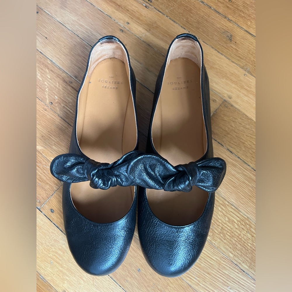 Sezane Maisie Black Leather Flats with Bow Size 8
